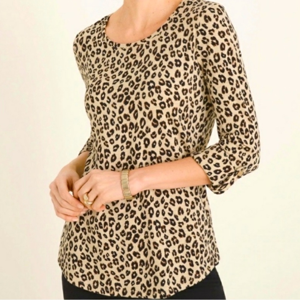 Chico's • Animal Print Leopard Utility Gold Tab Sleeve Cotton Modal T-shirt